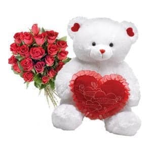 2ft Teddy Bear With 12 Red Roses Bunch